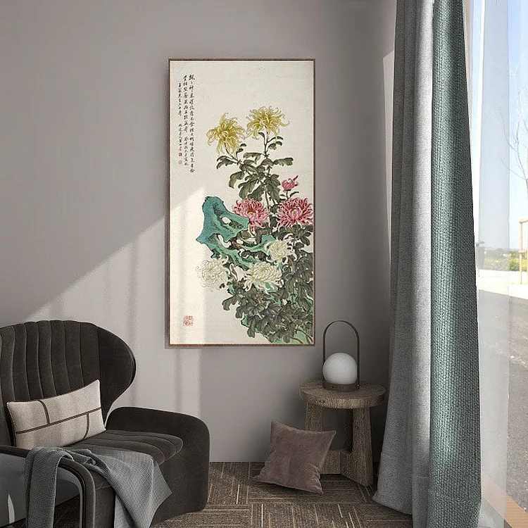 M1296 Chrysanthemum and Stone - Giclee Fine Art Print