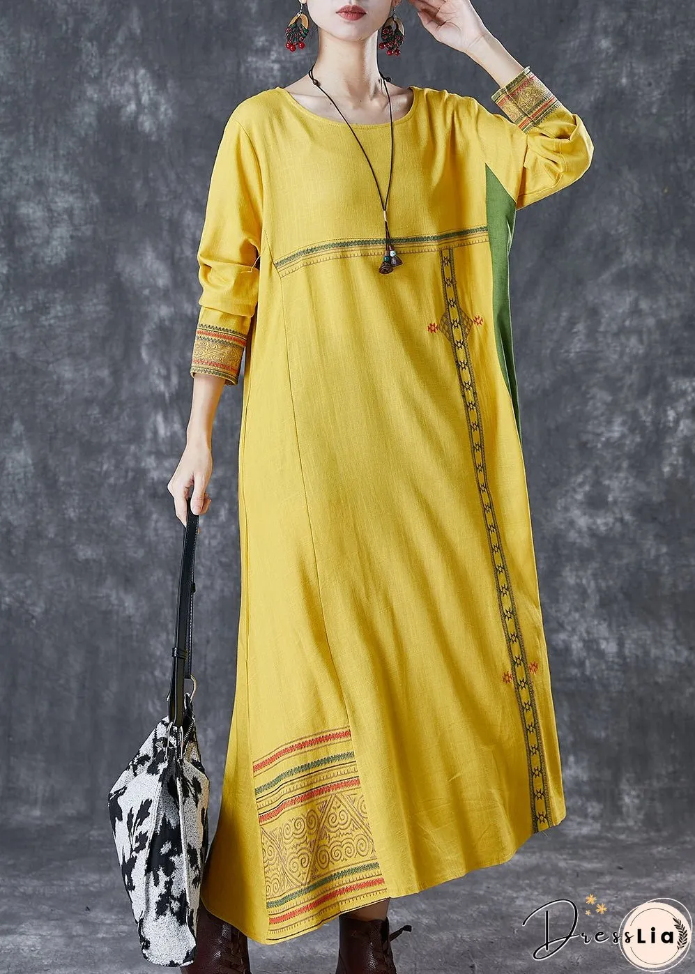 Modern Yellow Embroideried Patchwork Linen Maxi Dresses Spring