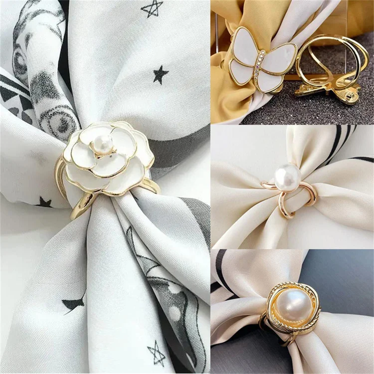 Shecina 4pcs Scarf Ring Clip for Women,Women's Elegant Pearl Floral Scarf Ring Clip Scarf Buckle for Women Camellia Flower Fashion Scarf Buckle Metal