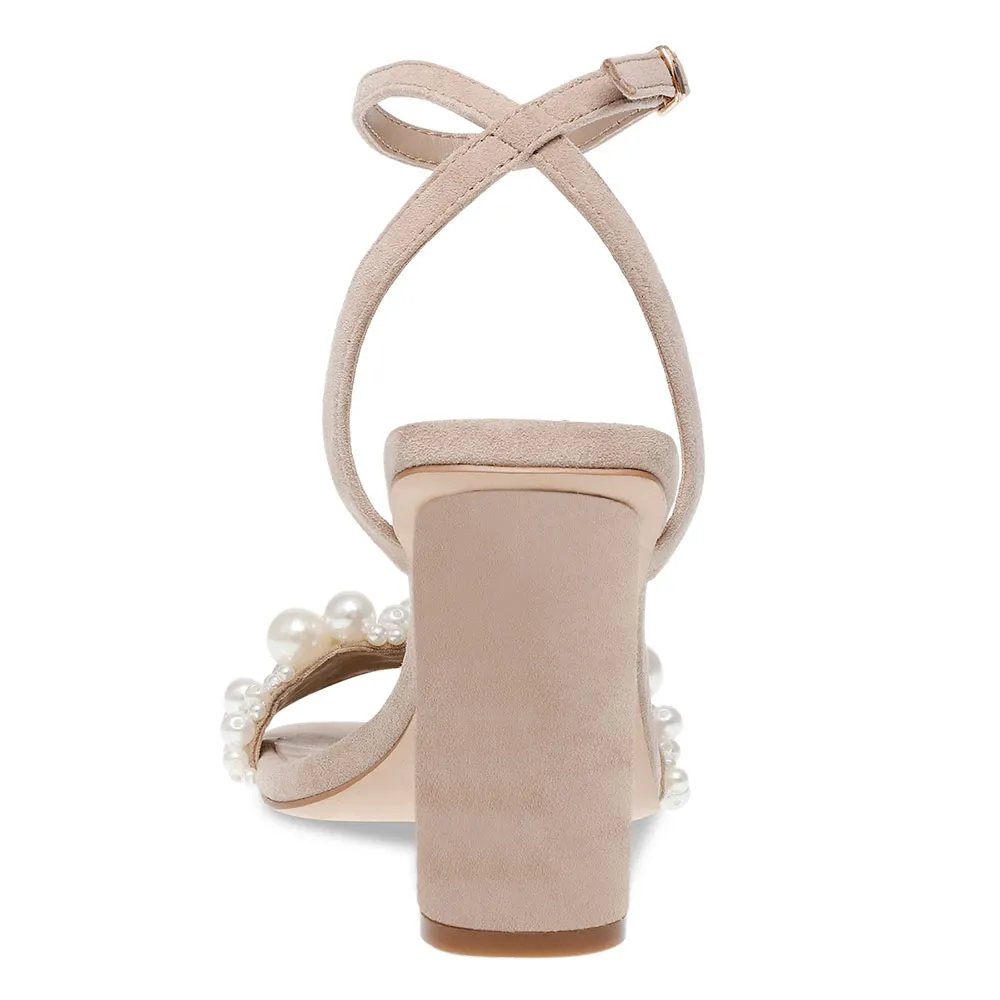 Nude Vegan Suede Open Toe Pearl Women's Heel Sandals with Ankle Strap