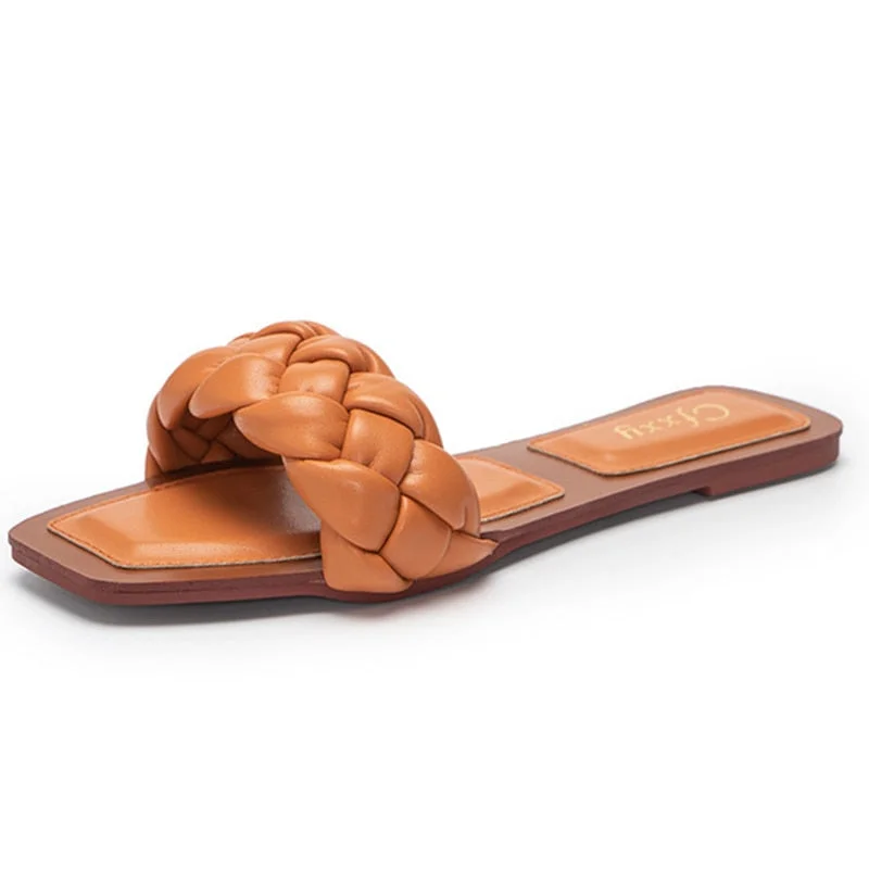 Women Weave Slippers Flat Sandals Open Toes Square Soft Green Foot Pad Leisure Large Size 37-42 Flip Flops Office Women Slippers