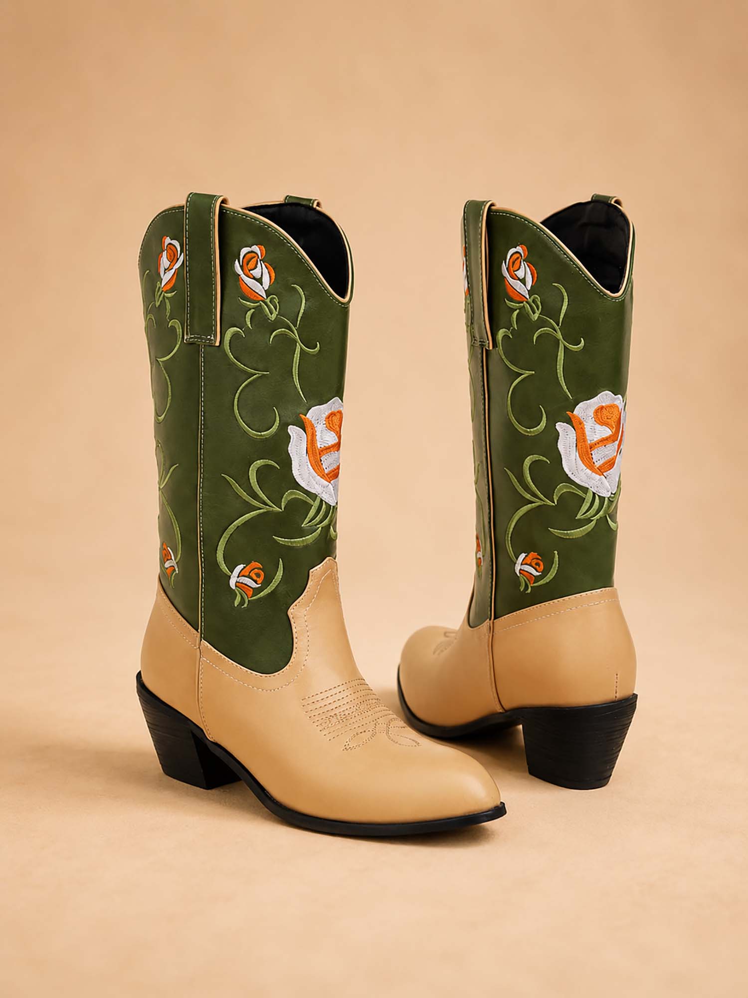 Perfect for a Country Music Festival, Retro Rose Floral Embroidered Splice, Premium Faux Leather, Women's Spring/Summer 2026 Cowboy Boots