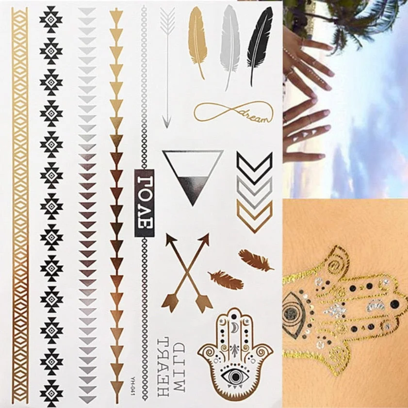 Flash Metallic Waterproof Temporary Tattoo Gold Silver Tatoo Women Henna Mandala Flower Lace Taty Indian Arabic Tattoo Sticker