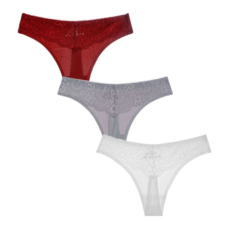 3Pcs/Lot Sexy Women G-string Thongs Lace Floral Sheer Low Waist Underwear Soft Lingerie Ice Silk Briefs Seamless Panties Soft