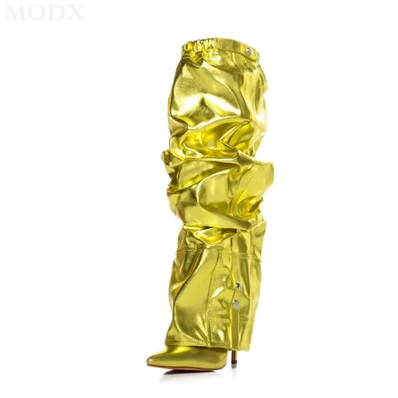 VCSHOES Pointed Toe Thin Heel Patchwork Knee High Boots Green Glitter Leather Elastic Pleated Botas Runway Catwalk Shoe