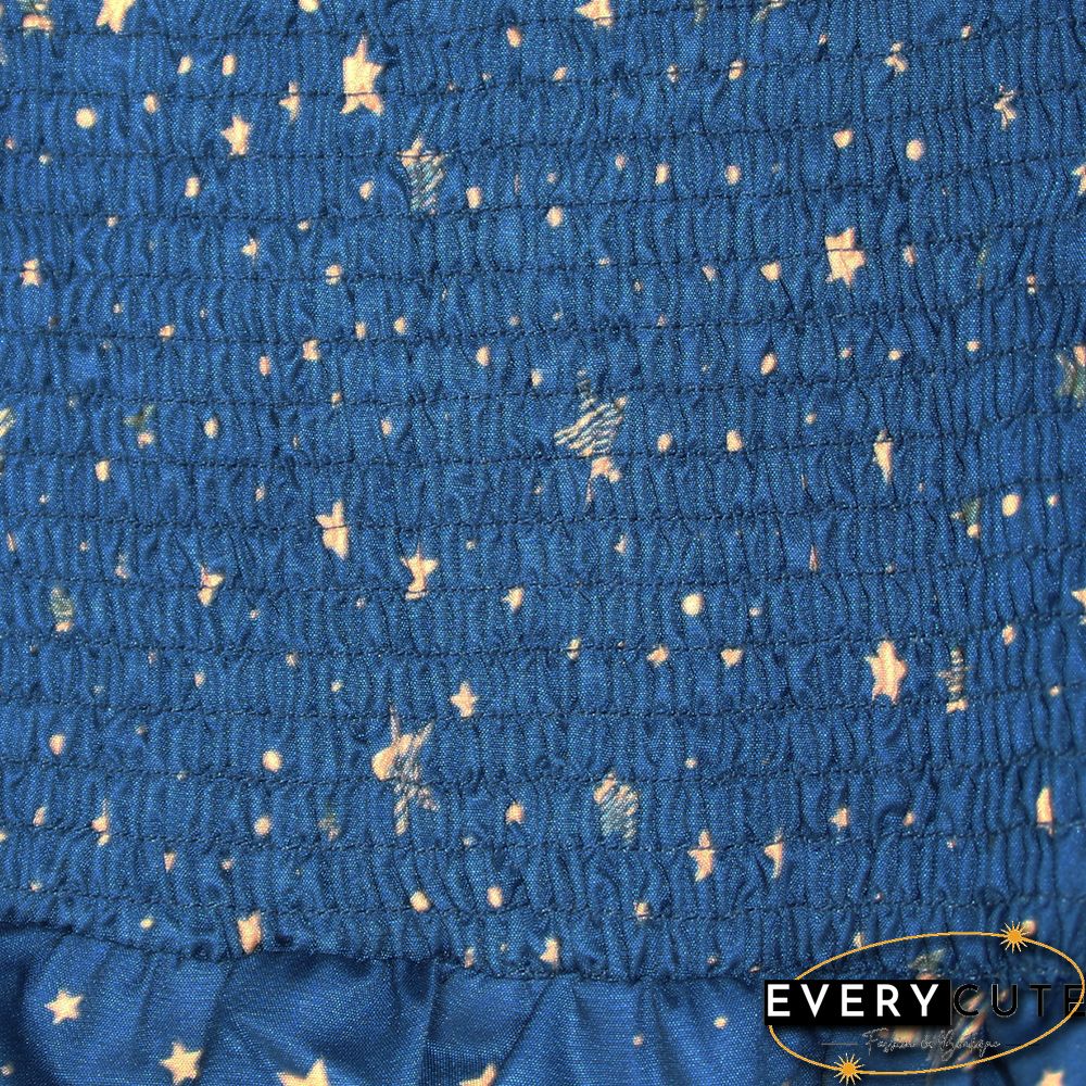 Navy Blue Square Collar Pleated 1/2 Sleeve Floral Dress