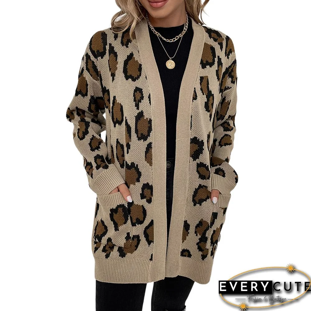 Khaki Contrast Leopard Print Pocket Open Front Cardigan