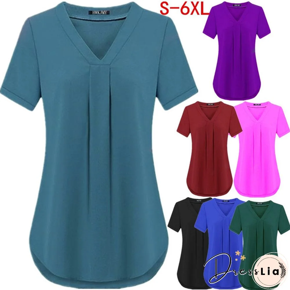 Women's Fashion Summer Sexy V-neck Short Sleeve Shirt Solid Color Loose Pleated Chiffon T-shirt Tops Blouse Plus Size S-6XL