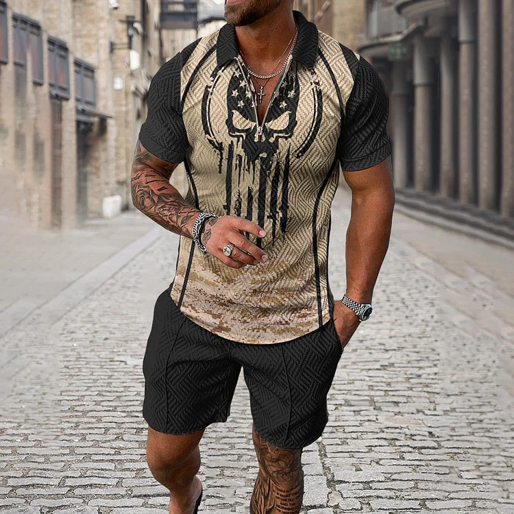 Broswear Men's Beige Skull Camouflage Print Sleeve Polo Shirt And Shorts Co-Ord