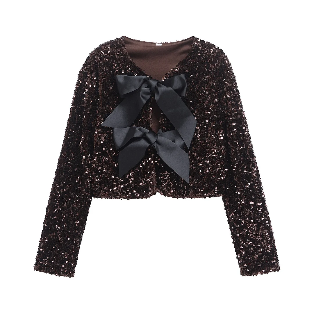 Nigikala Nigikala New Fashion Temperament Women's Long-Sleeved Bow Decorated With A Glide Coat Top