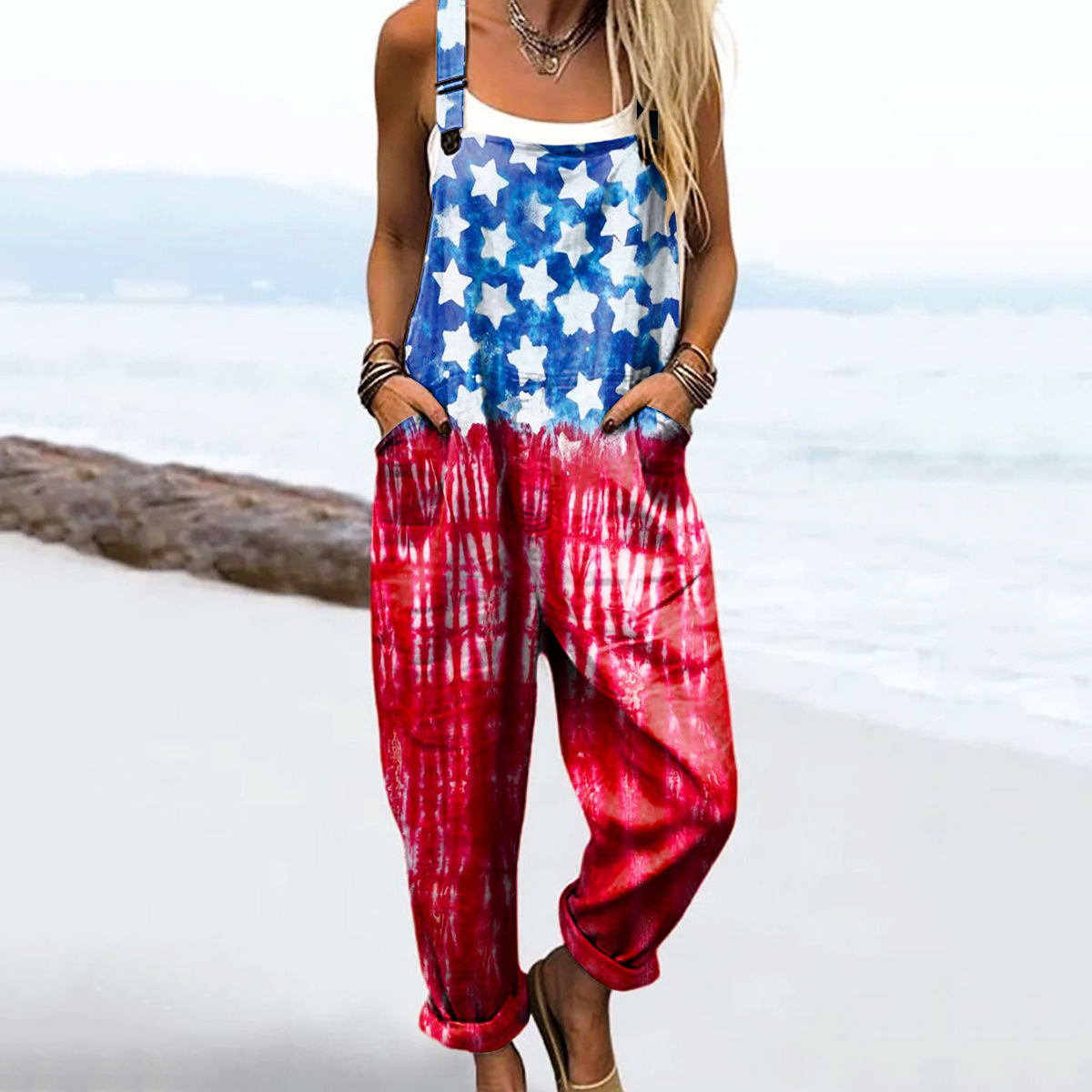 Comstylish Women's Vintage Independence Day Print Casual Jumpsuit