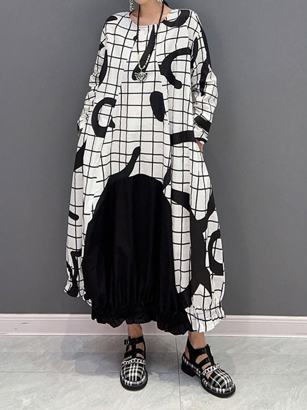 Long Sleeve O Neck Plaid Print Maxi Dress