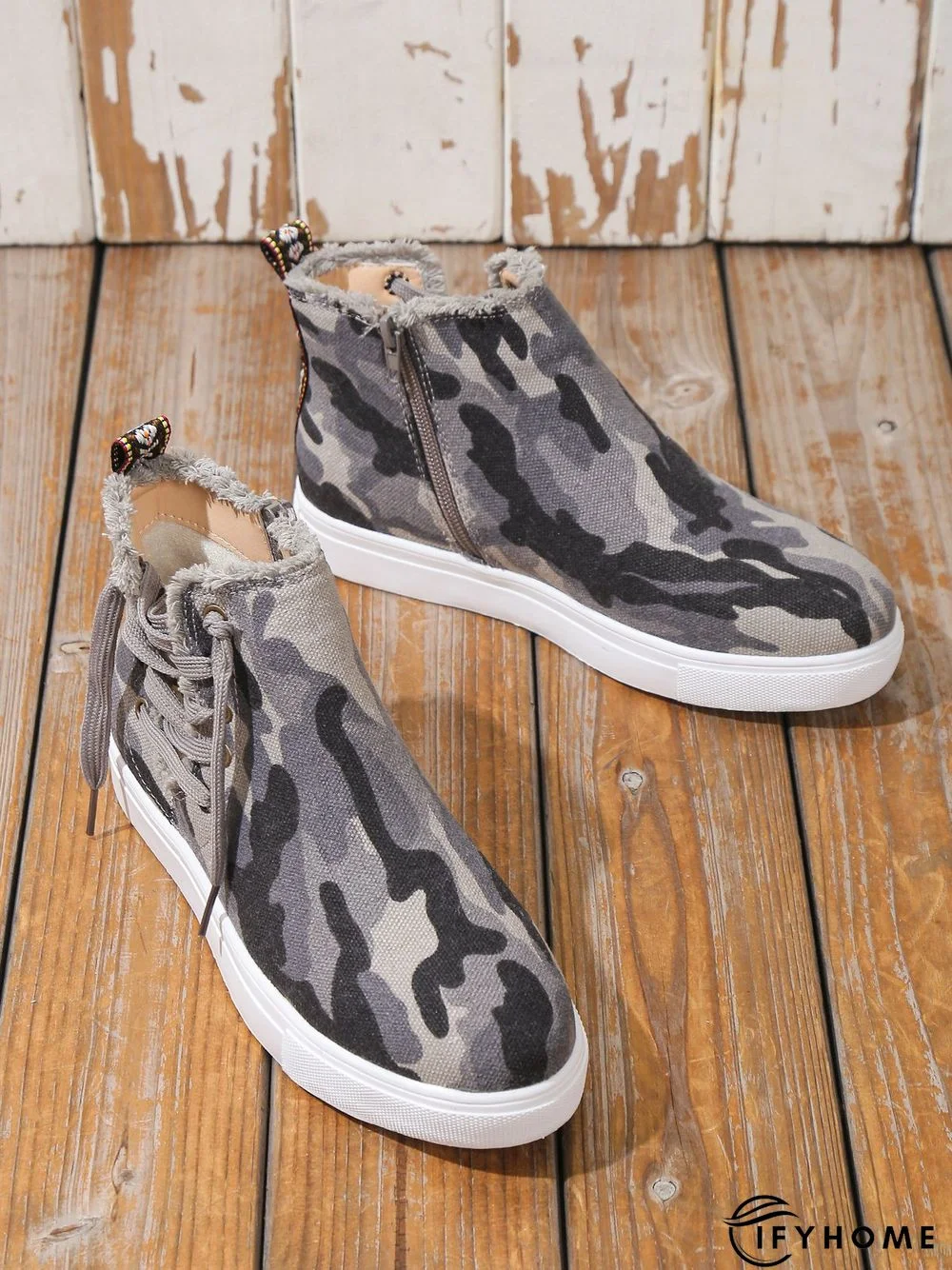 Casual Lace-up Decor Fringe High Top Canvas Shoes with Side Zip | IFYHOME