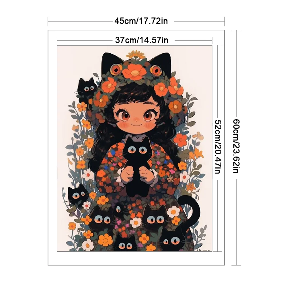 11CT Full Stamped Cross Stitch - Black Cat and Girl(Canvas|45*60CM)