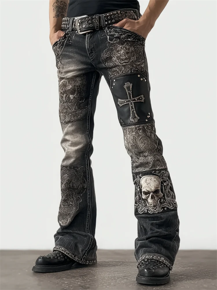 Men's Rock Skull & Cross Patch Studded Washed Bootcut Jeans