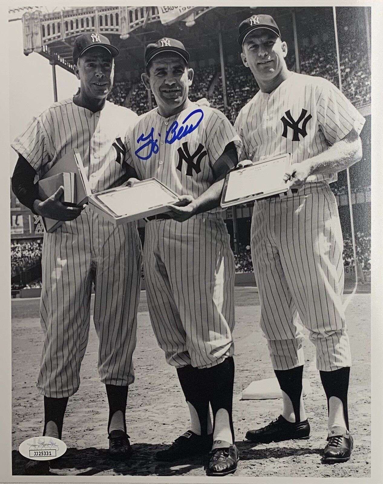 Yogi Berra New York Yankees Autographed 8x10 w/ Mantle & DiMaggio JSA COA