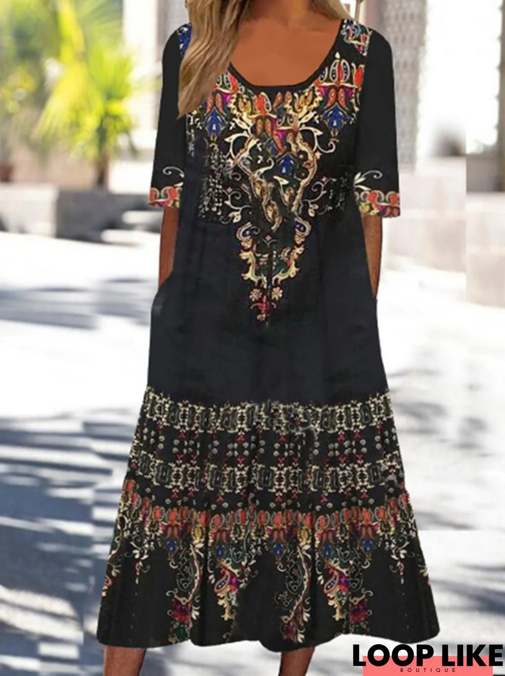 Tribal Casual Short Sleeve V neck Dress