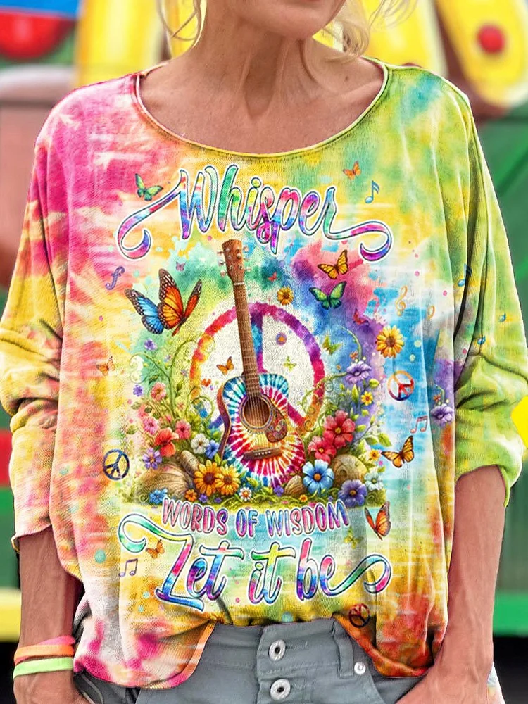 Women's Whisper Words Of Wisdom Guitar Hippie Print T-shirt