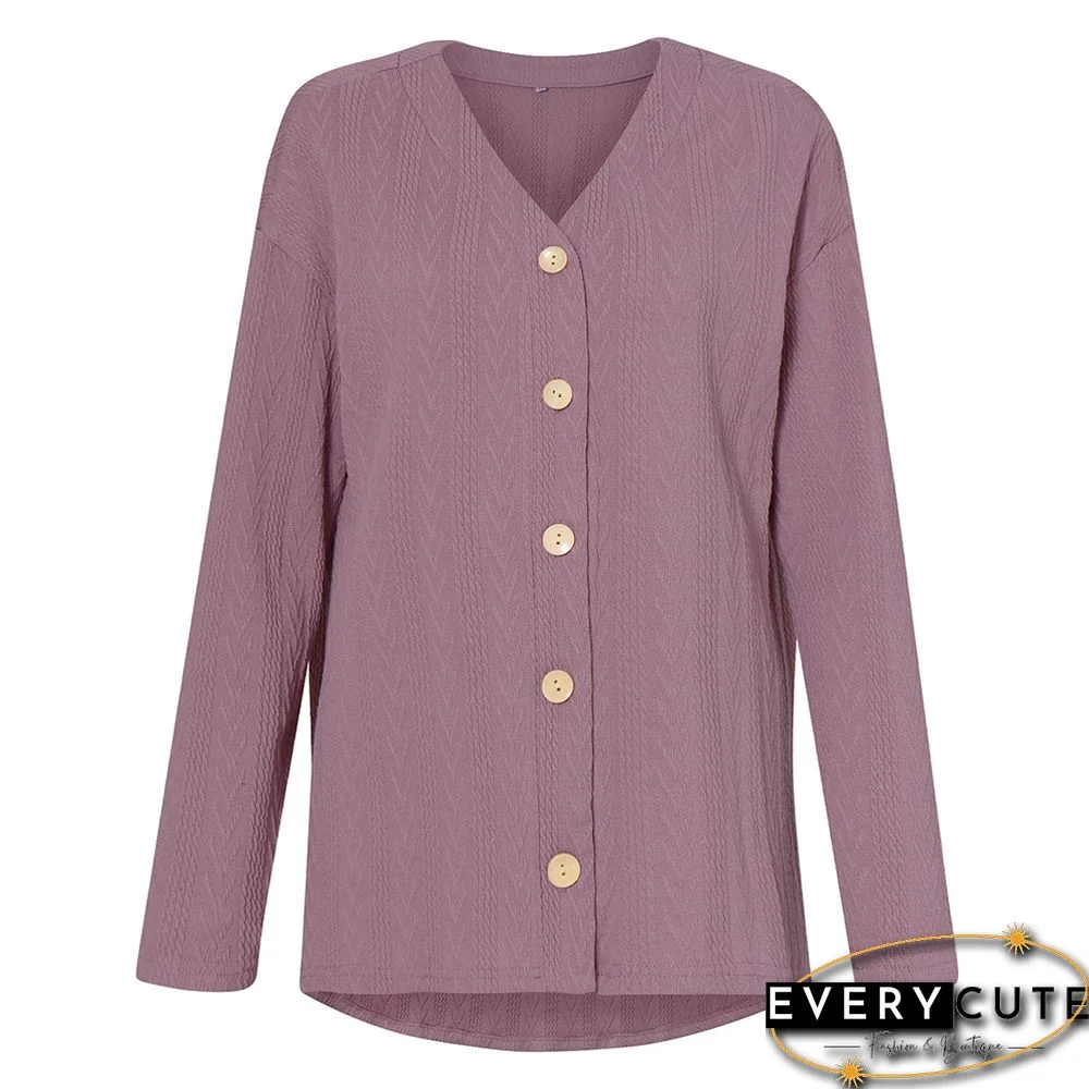 Pink Purple V Neck Jacquard Button Knit Cardigan