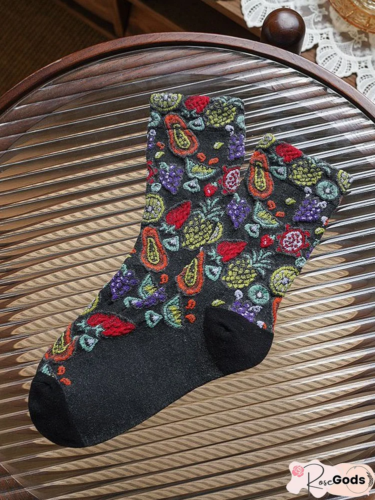 Casual Cotton Fruit Floral Pattern Embroidered Socks Everyday Sympathy Versatile Accessories