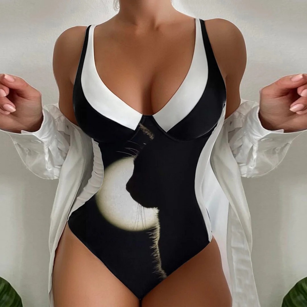 Women's Retro Printed Suspender Deep V-piece Sexy Swimsuit