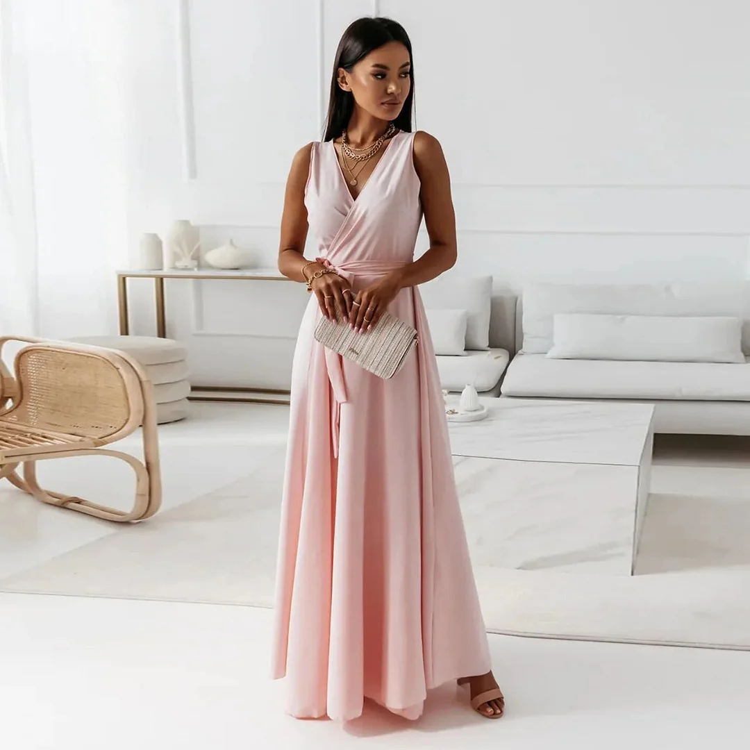 Oocharger Sexy V-Neck Sleeveless Solid Long Dresses For Women Elegant Slim Lace-up Party Maxi Dress Female