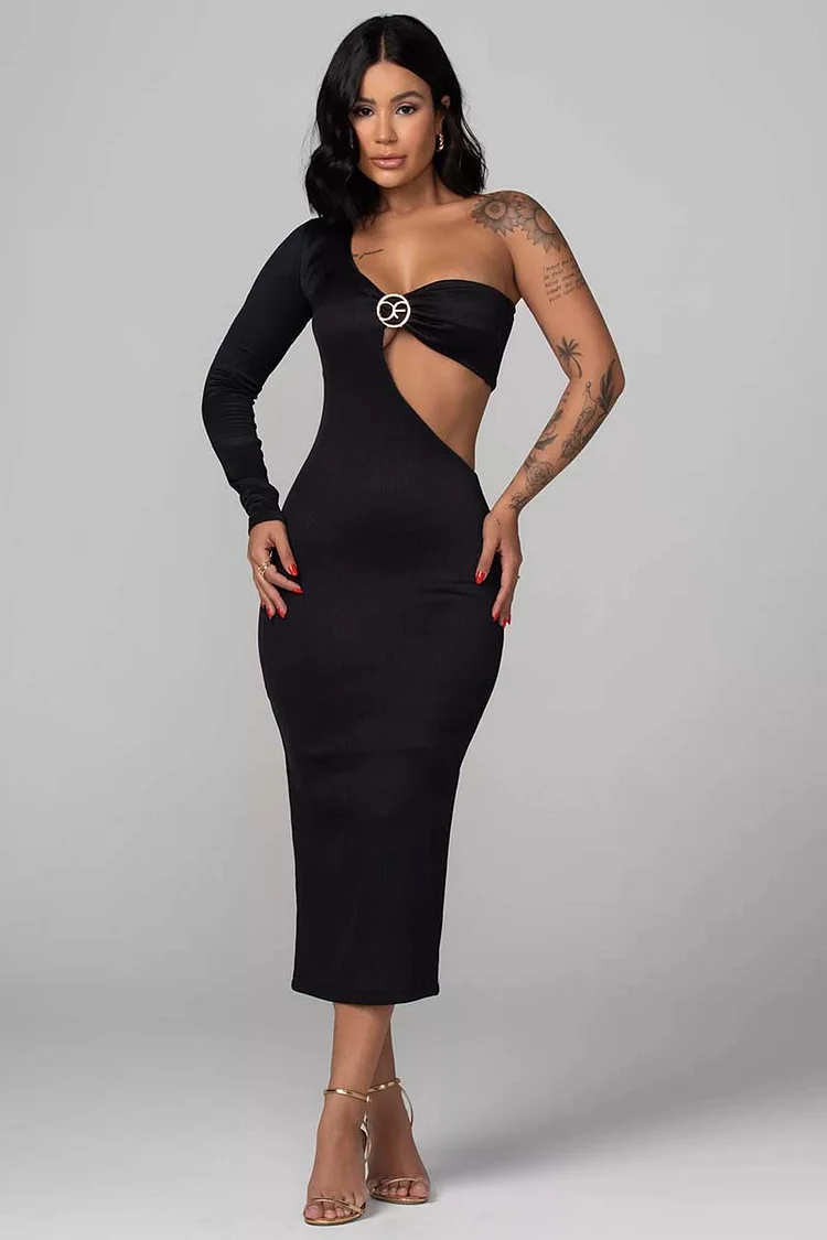 Cutout One Shoulder Plain Bodycon Asymmetric Midi Dresses-Black [Pre Order]