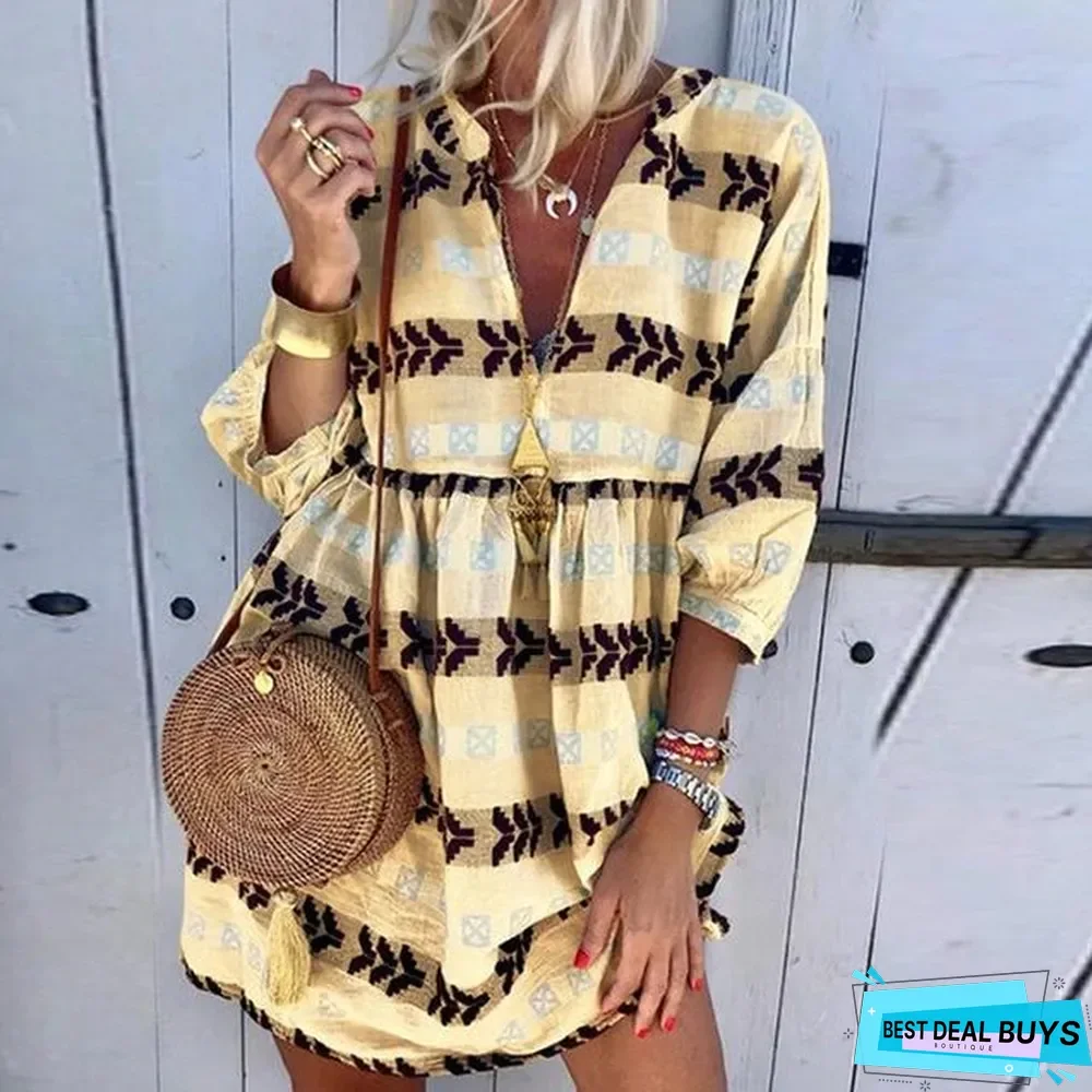 Women Casual Printed Three Quarter Sleeve Autumn Sexy V-neck Mini Party Vintage Plus Size Dresses