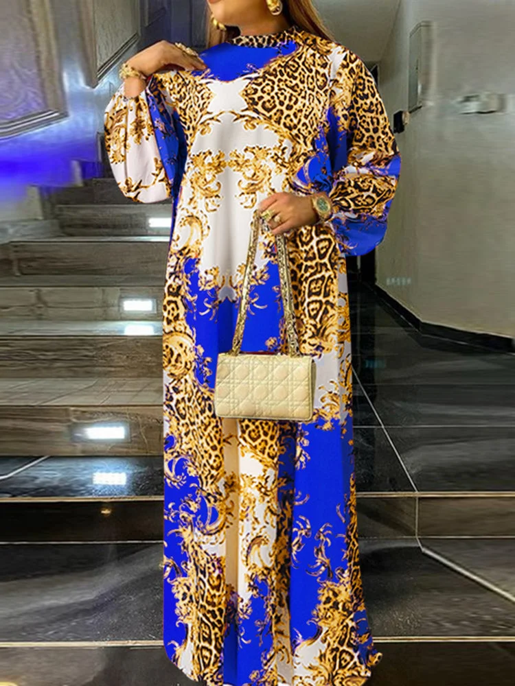 Leopard Print Stand Collar Long Sleeve Maxi Dress SKUJ39615 QueenFunky