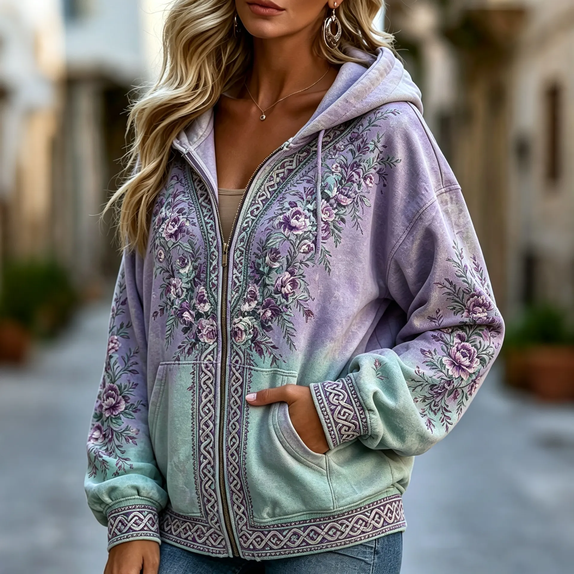 Comstylish Women's Vintage Flowers Celtic Knot Gradient Art Casual Zip-up Hoodie