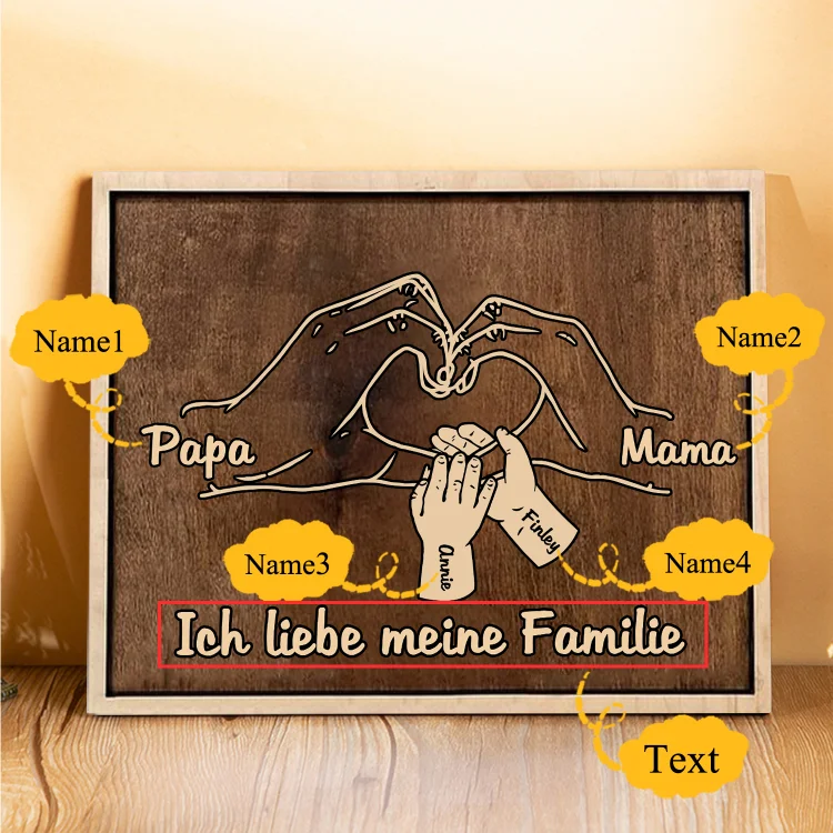 Kettenmachen Familie Holzbild - Personalisierter Text & 4 Namen Hand in Hand Holzdekoration