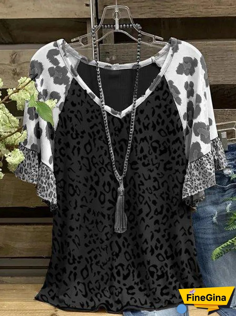 Cotton-Blend Casual V Neck Leopard-Print Shirts & Tops