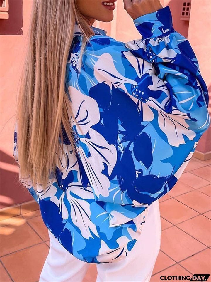 Women Floral Printed Turn-Down Collar Blouses