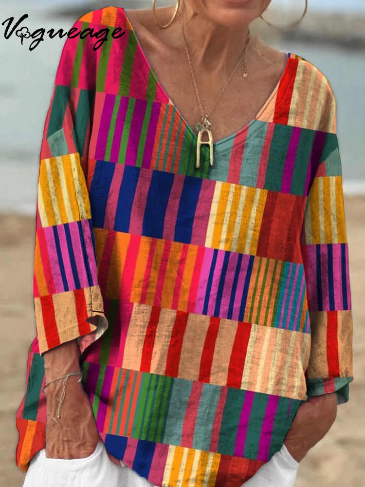 Color Line Grid Stitching 3/4 Sleeves Printed Cotton And Linen Shirt
