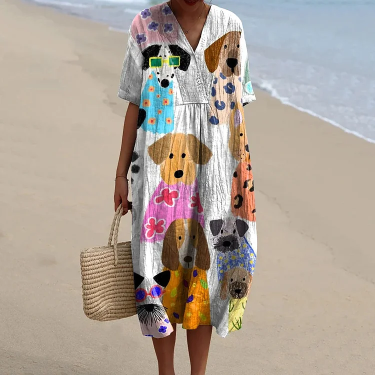 Women's Colorful Cartoon Puppy Print Midi Dress