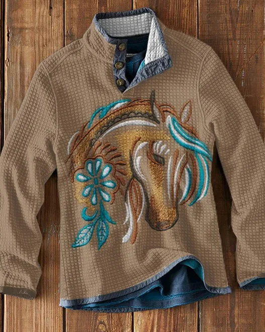 Horse Head Print Waffle Casual Sweatshirt