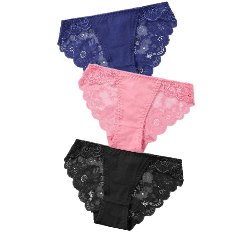3pcs Exotic Apparel Sexy Panties Lace Briefs Women Low-Rise Solid Panty Underwear Sexy Women Lace Breathable Hip-lift Underpants