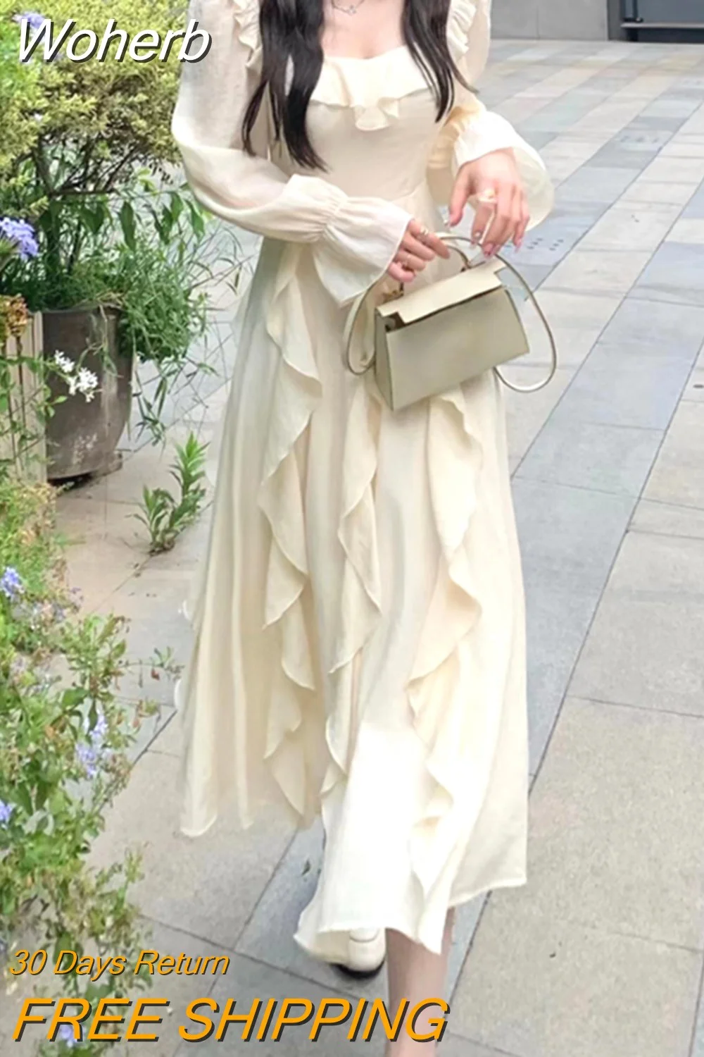Woherb Summer Fairy Pure Color Midi Dress Woman Beach Style Long Sleeve Elegant Dress Casual Party Korean Fashion Dress Design