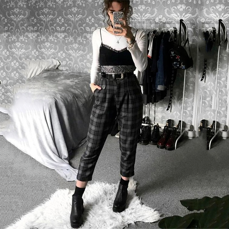 Cool Girl High Waist Harem Sports Plaid Casual Pants