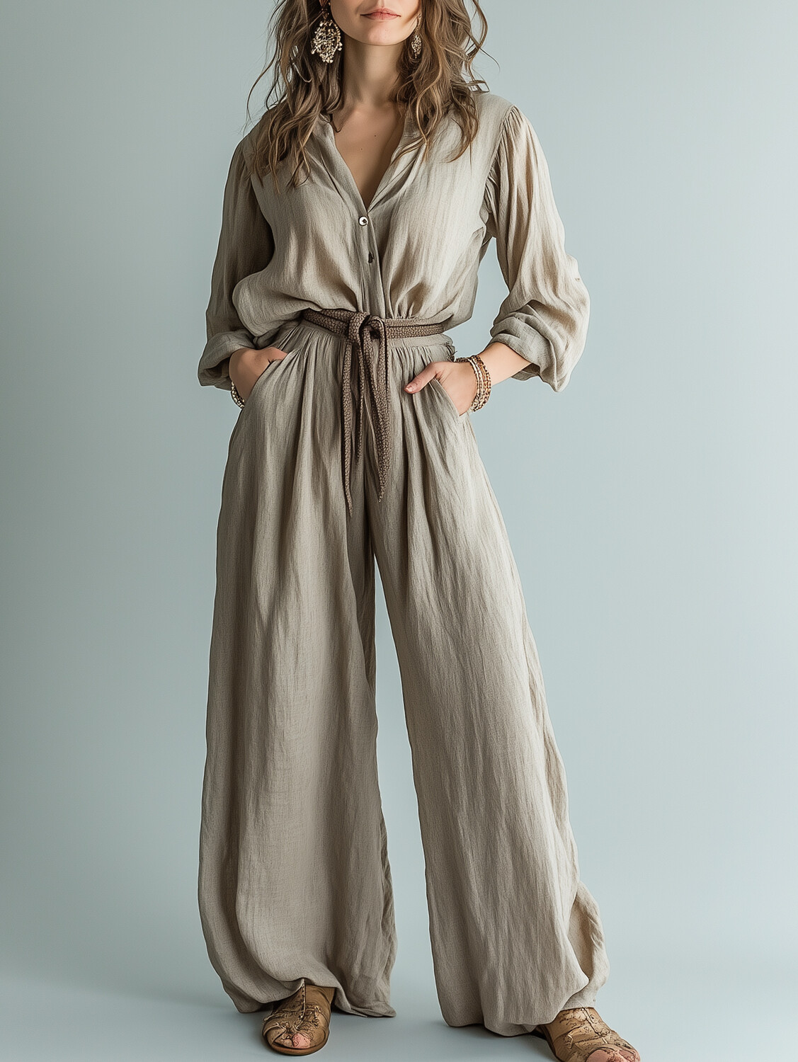 Ursime Long Sleeve Pocket Wide Leg Cotton And Linen Jumpsuit