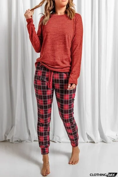 Round Neck Top and Drawstring Plaid Pants Lounge Set