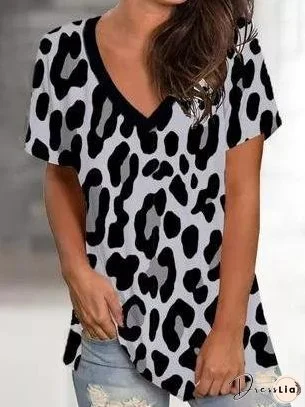 V-neck Leopard Print Short-sleeved T-shirt