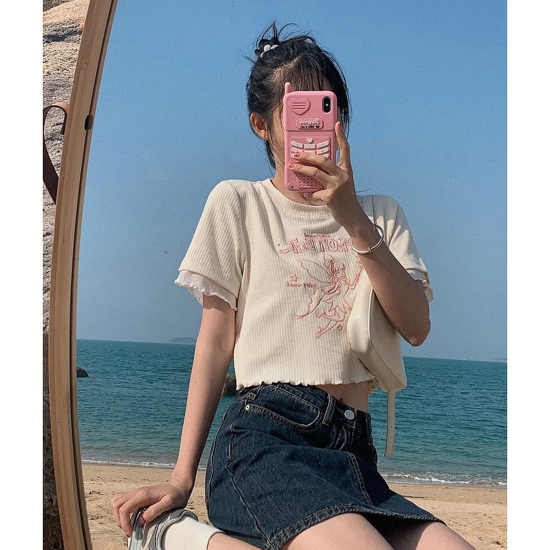 Embroidery T-shirts Women Sweet Short Sleeve Tees Girls Fairy Slim Crop Top Fungus Cartoon Cute Students Leisure Summer Clothes