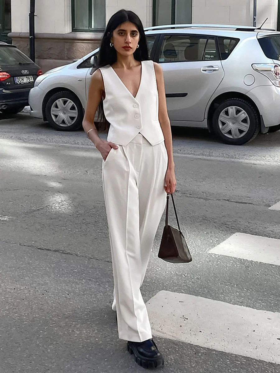 Women's Casual Sleeveless V-Neck Trousers Two-Piece Suit