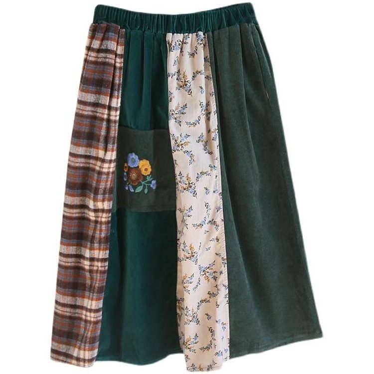 Queenfunky cottagecore style Super Cute Embroidered Corduroy Patchwork Skirt QueenFunky