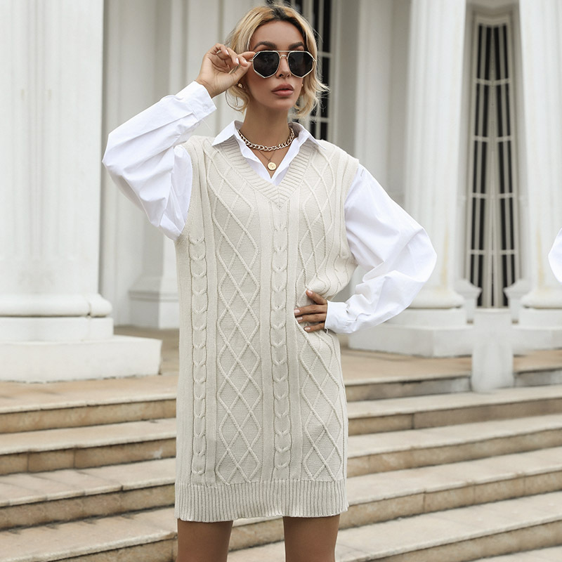 Mature Women V-neck Vest Knitted Sweater Dress