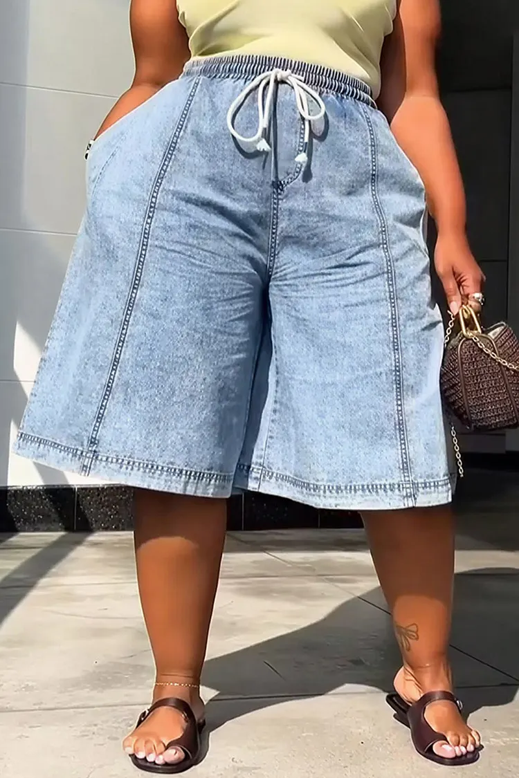 Plus Size Daily Light Blue Pocket Pull-On Waist Denim Shorts [Pre-Order] 2024 - Xpluswear