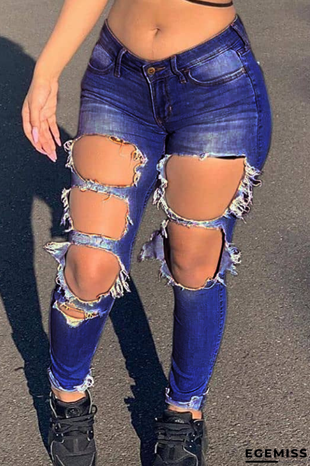 Dark Blue Casual Print Ripped Mid Waist Skinny Denim Jeans | EGEMISS