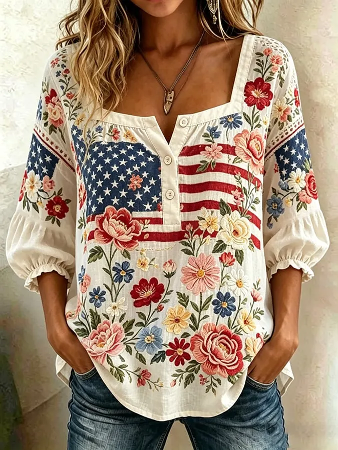 Women's Flag and Floral Print Cotton-Linen Top 