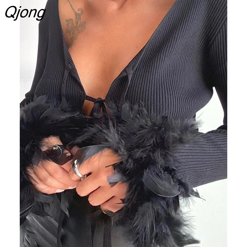 Qjong Feathers Long Sleeve Crop Tops Women Sexy Tie Front Wrap Cropped Top Knit Cardigans T-Shirts Elegant Slim Fit Clothes